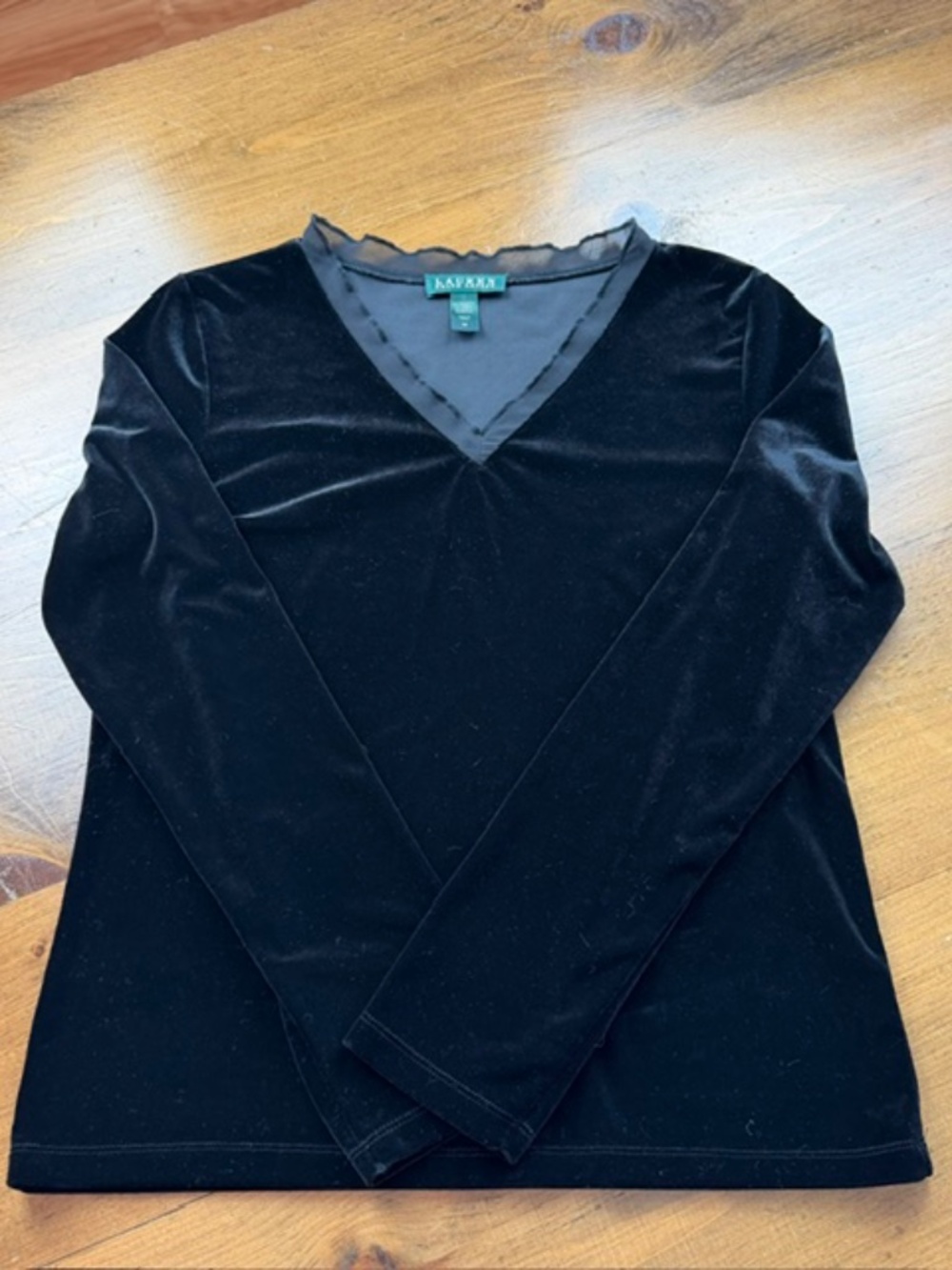 Lauren Ralph Lauren Black Velour V Neck Blouse with Sheer Ruffle Collar Medium - Picture 3 of 10